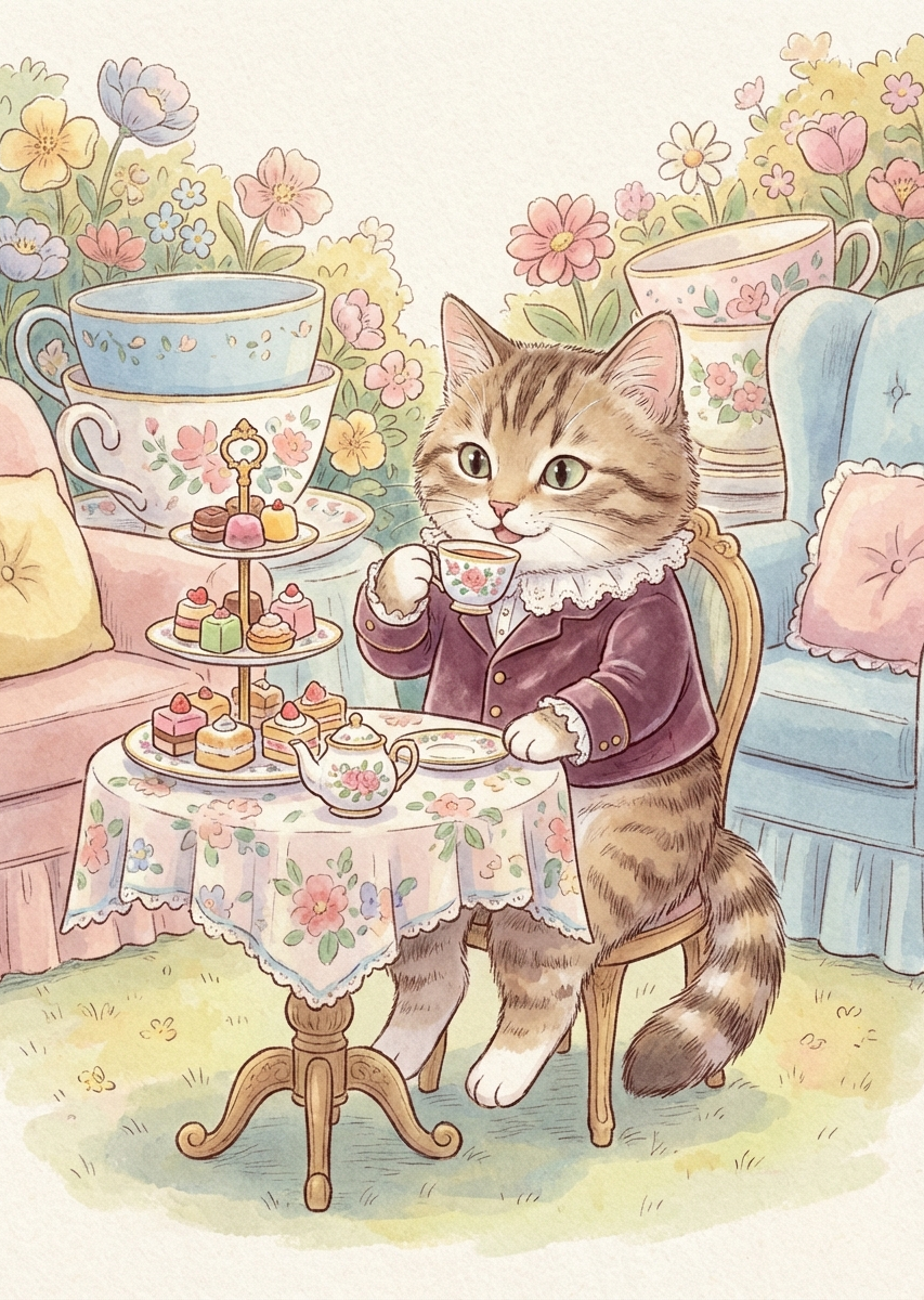 Whimsical Tea Time Cat