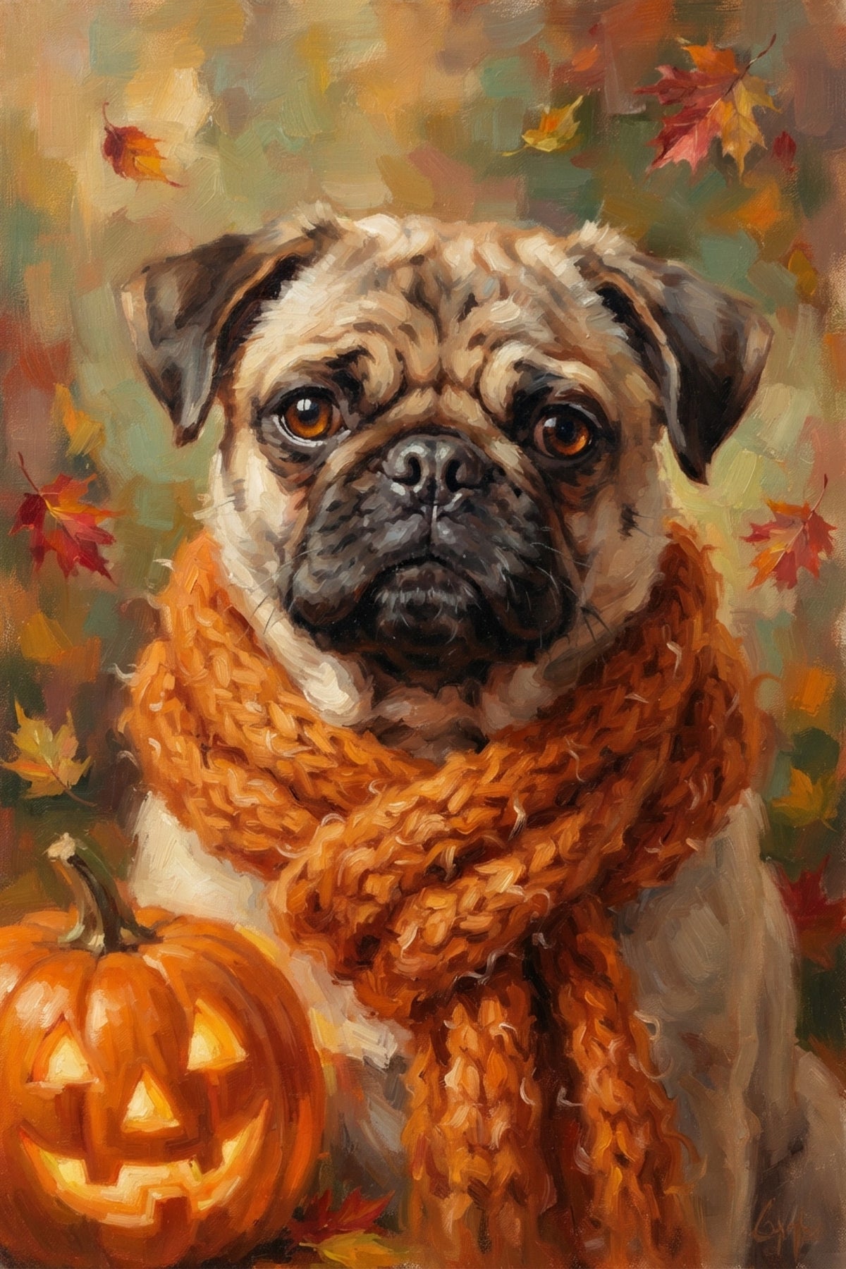 Pug in Pumpkin Scarf